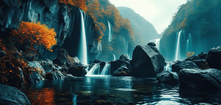 Beautiful waterfall in the forest. 3d rendering, 3d illustration.の素材