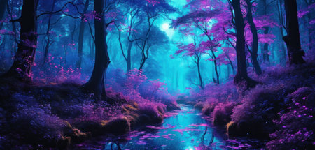 Fantasy forest with fog in the night. 3D illustration.の素材