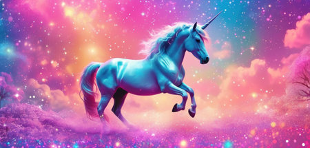 Unicorn in magic fantasy landscape. 3D illustration. Horizontal banner.の素材