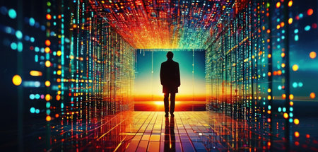 Businessman in front of a futuristic tunnel with binary code. 3d renderingの素材