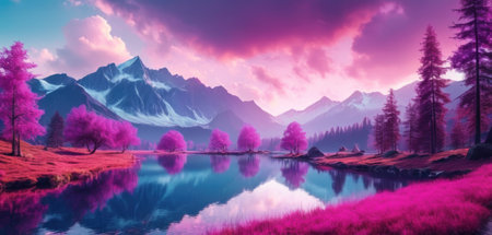 Fantastic panoramic landscape with lake and mountains at sunsetの素材