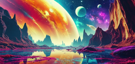 Fantasy alien planet. Mountain and lake. 3D illustration.の素材