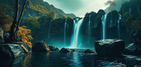Beautiful waterfall in the mountains. Panoramic view of the waterfall.の素材