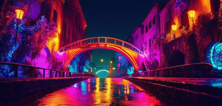 Night scene of a bridge over the canal in Bruges, Belgiumの素材