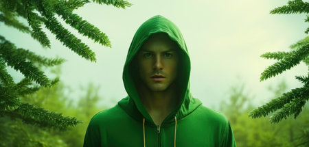 Portrait of a young man in a green hoodie standing in the forest.の素材