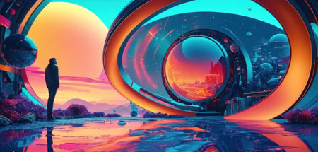3D illustration of a futuristic landscape with an alien planet and a womanの素材