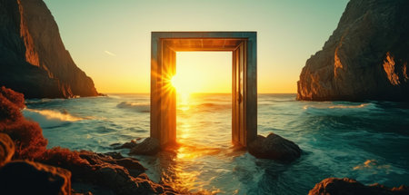 Door to the sea at sunset. 3d render illustration.の素材