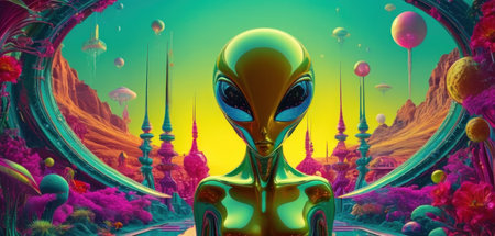 3D rendering of a fantasy alien in a futuristic space scene.の素材