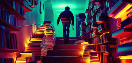 A man in a dark room with a lot of books and neon lights.の素材