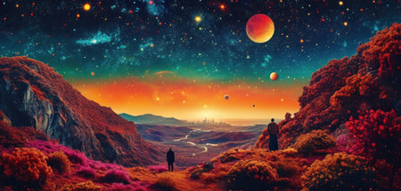 Fantasy landscape with a man and a woman on the background of the planet.の素材