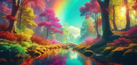 Autumn forest with river and rainbow in the background. 3d renderの素材