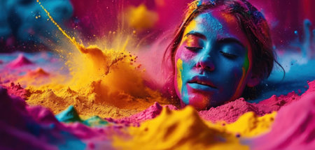 Portrait of a beautiful young woman surrounded by colorful holi powderの素材