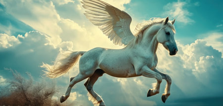 White horse with angel wings flying in the blue sky. 3d renderingの素材