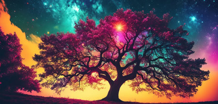 Fantasy landscape with big old oak tree. Elements of this image furnished by NASAの素材