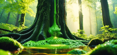 Landscape of green forest with a waterfall and a river flowing through itの素材