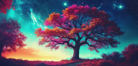 Autumn landscape with a big old tree and a starry skyの素材