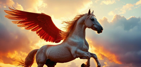 Horse with wings in the sky at sunset. 3d renderingの素材