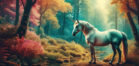 Magic unicorn in the forest. Fairy tale. 3D rendering.の素材