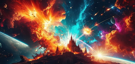 Fantasy landscape with planets, stars and galaxies. 3D renderingの素材