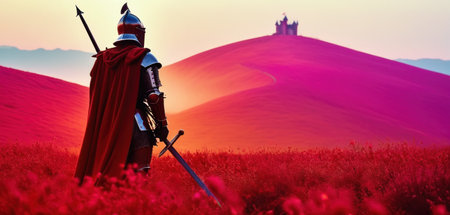 Medieval knight in red cloak and sword in the field at sunsetの素材