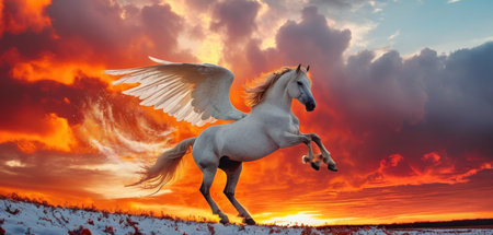 White horse with wings in the sky at sunset. 3d renderingの素材