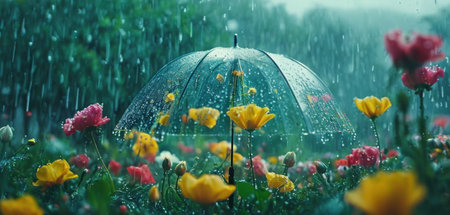 Rainy day in the garden with tulips and umbrellasの素材