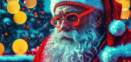 Close-up portrait of Santa Claus in red glasses. Christmas concept.の素材