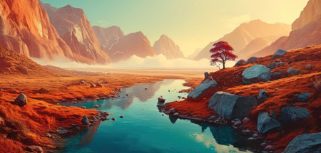 Fantasy landscape with a lonely tree on the shore of a lakeの素材