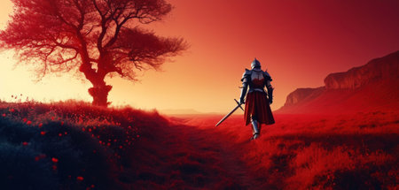 Medieval knight in the field. 3d illustration. Fantasy.の素材