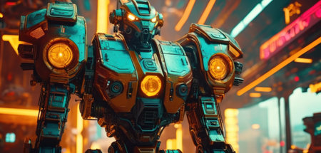 Close-up of the robot on the background of the city at nightの素材