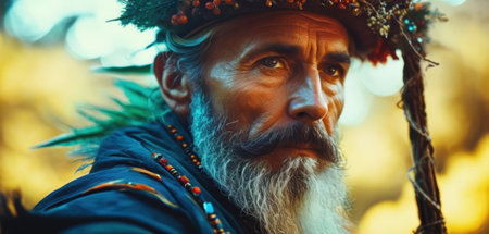 Portrait of an old man with a long white beard and mustache in a wreath of flowers on his head.の素材
