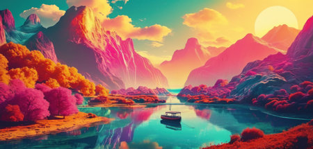 Fantasy landscape with a boat on the lake. 3D illustrationの素材
