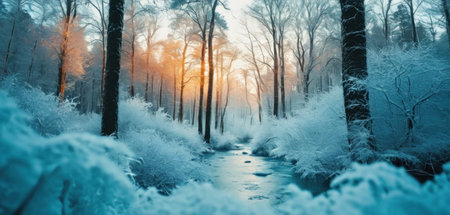 Foggy winter forest with a river and trees covered with snowの素材