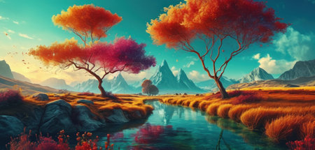 Beautiful autumn landscape with river and mountain. 3d render illustrationの素材