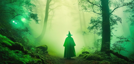 Witch in the forest with fog. Halloween concept. 3d renderingの素材