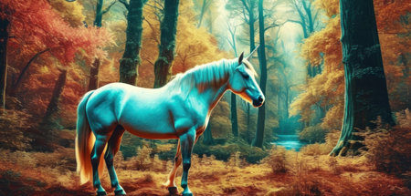 White horse in autumn forest. Digital painting. 3D illustration.の素材