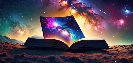 Open book in the desert. Fantasy world. 3D Renderingの素材