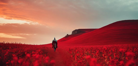 A man in a field of red poppies at sunset.の素材