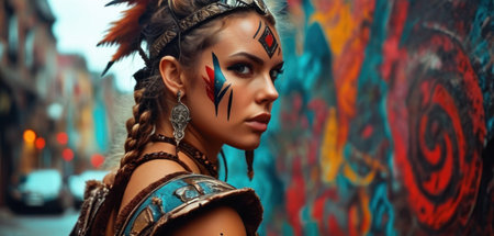 Portrait of a beautiful young woman with ethnic make-up on the background of graffiti.の素材