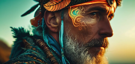 Portrait of a bearded man in Indian costume. Boho style.の素材