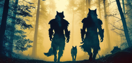 Horror scene with man and wolf in the forest. Halloween conceptの素材