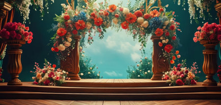 Wedding arch with flowers on wooden floor. 3d renderの素材