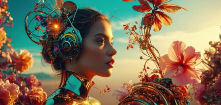 Beautiful girl with a lot of flowers. Portrait of a beautiful girl with long hair in the style of steampunk.の素材