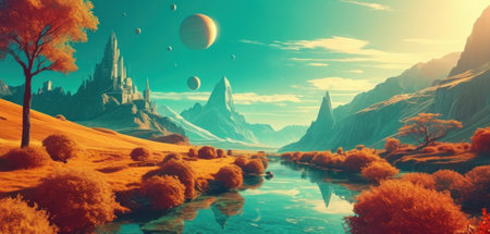 Fantasy alien planet. Mountain and lake. 3D illustration.の素材