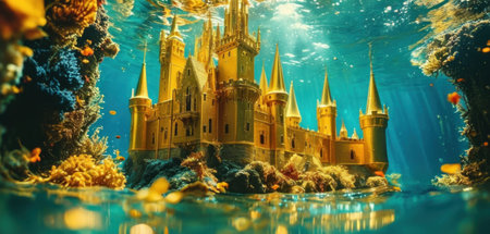 Beautiful fantasy castle underwater in the blue sea. Fantasy world.の素材