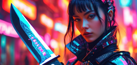 Portrait of a female cosplay warrior with a sword in her handsの素材