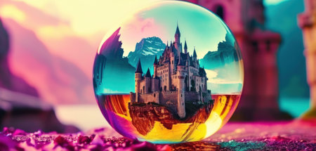 Crystal ball with fairy tale castle on the background of the mountains.の素材