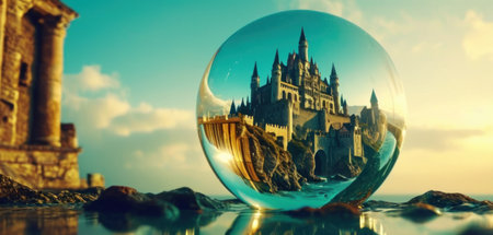 Magic crystal ball with fairy tale castle in water. 3D renderingの素材