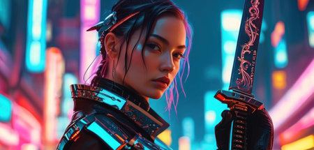 Portrait of a beautiful female warrior with sword in the background of neon lights.の素材