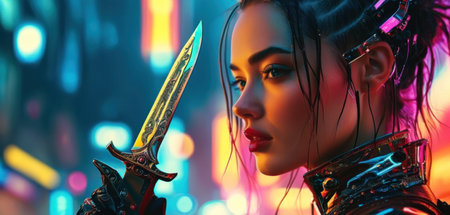 Close-up portrait of a female warrior with a sword in her hands. Sci-fi concept.の素材